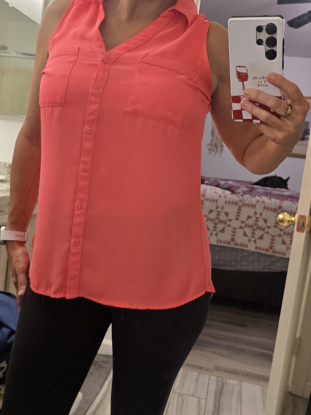 Express Sleeveless Portofino Coral Button-Front Blouse